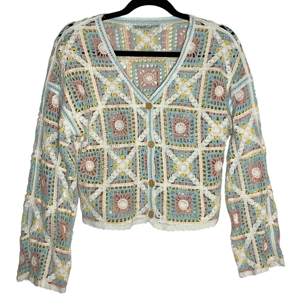 Y2K Cleo Crochet Cardigan Womens S/M Petite‎ Cottagecore Granny Pastel Spring